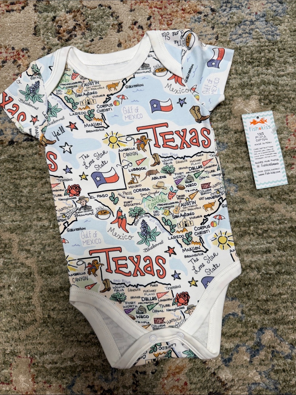 Fish Kiss Texas Map Short Sleeve Baby One-Piece - White/Light Blue